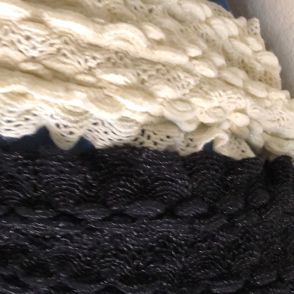2 scalloped sweater infinity scarves.